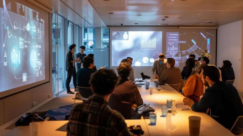 a captivating image of a modern office environment showcasing a diverse group of professionals engaged in a dynamic brainstorming session, with transparent data privacy graphics and flowcharts projected on screens, symbolising the impactful integration of iso 42001 in ai development.