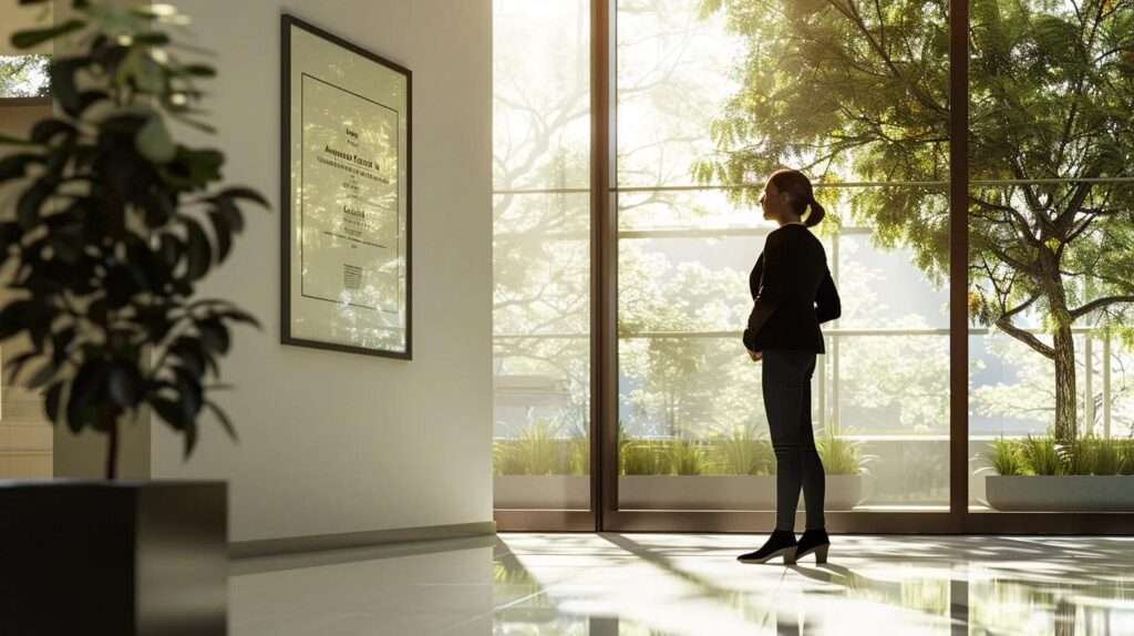 a confident business professional stands in a modern office, illuminated by soft natural light streaming through large windows, showcasing a certificate on the wall that symbolises the importance of iso 27001 certification in fostering growth and gaining trust among clients and partners.