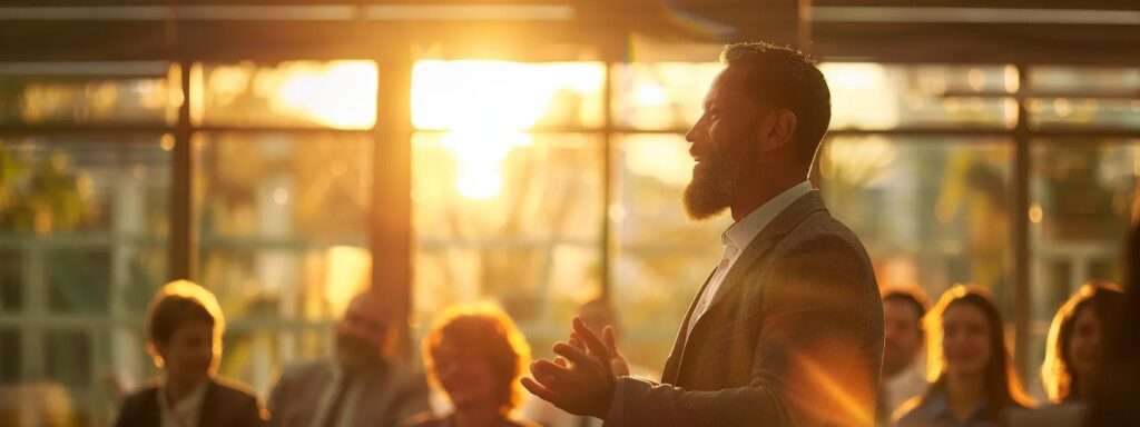 a confident leader passionately addressing a diverse team in a modern office setting, illuminated by warm sunlight filtering through large windows, symbolizing the drive for quality management and continuous improvement through effective leadership.