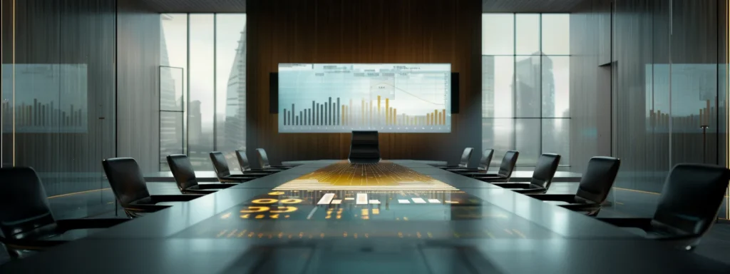 a determined business team strategizes around a sleek conference table, surrounded by digital graphs and charts illustrating financial planning and effective budgeting solutions, illuminated by soft, natural light filtering through large windows.