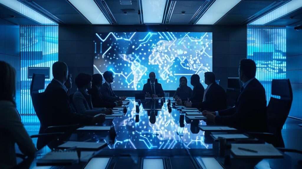 a determined team of professionals collaborates around a modern conference table, engaged in an animated discussion, with a large screen displaying the iso 42001 logo, symbolising their commitment to robust compliance and future readiness in the realm of deep learning technologies.