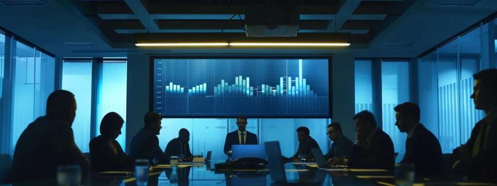 a dramatic boardroom setting illuminated by harsh overhead lights, showcasing a group of worried executives reviewing declining financial graphs, symbolizing the urgent financial risks of non-compliance with iso 9001 standards.