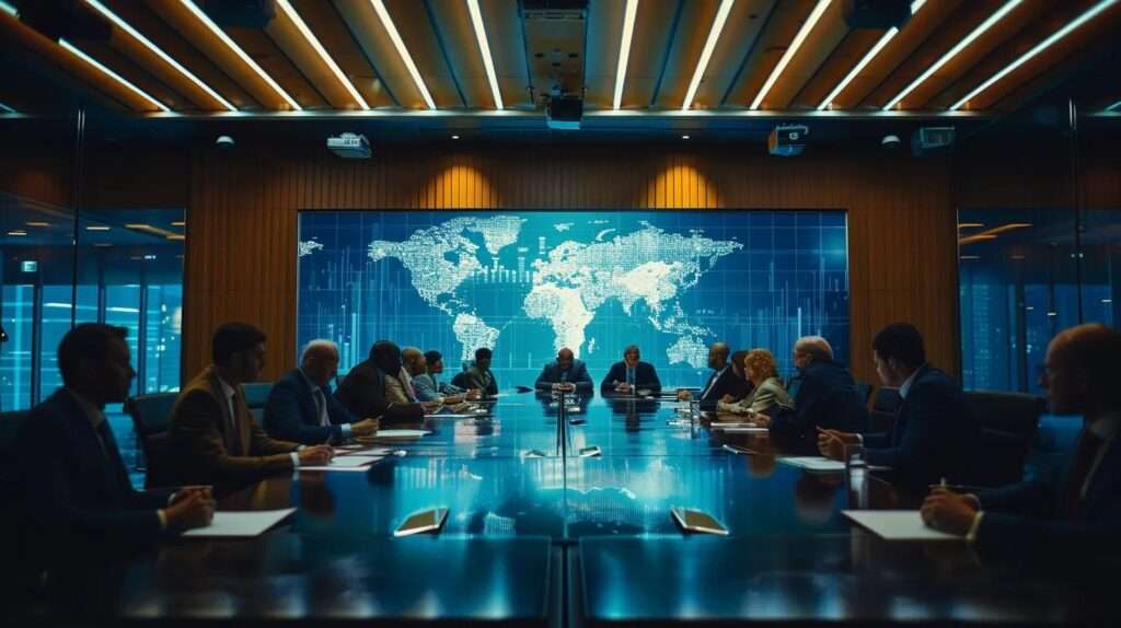 a dramatic portrayal of a global corporate boardroom illuminated by soft, natural light, where diverse professionals engage in a dynamic discussion about compliance with iso 42001 amidst maps and digital screens reflecting international regulations and data protection challenges.