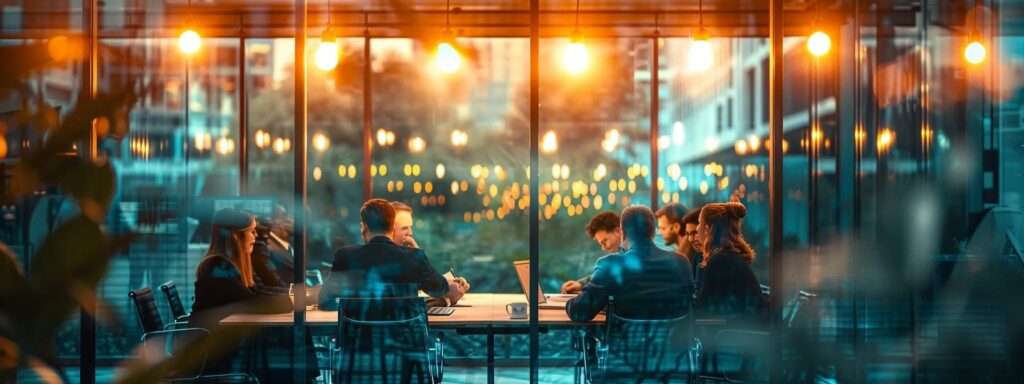 a dynamic boardroom filled with confident professionals celebrating their recent iso 9001 certification success, illuminated by warm overhead lighting and showcasing vibrant team spirit against a backdrop of modern glass windows.