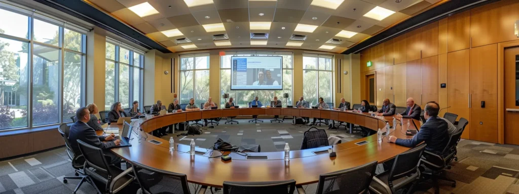 a dynamic boardroom filled with engaged leaders passionately discussing strategies for fostering a quality-driven culture and achieving iso 9001 certification, illuminated by soft overhead lighting that highlights their focused expressions.