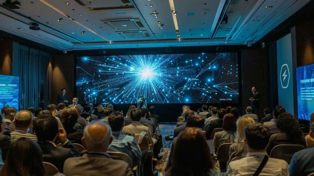 a dynamic conference setting showcasing a diverse group of professionals engaged in a lively discussion, with a large screen behind them displaying the iso 42001 logo, emphasising collaboration and the future of ethical ai policy.