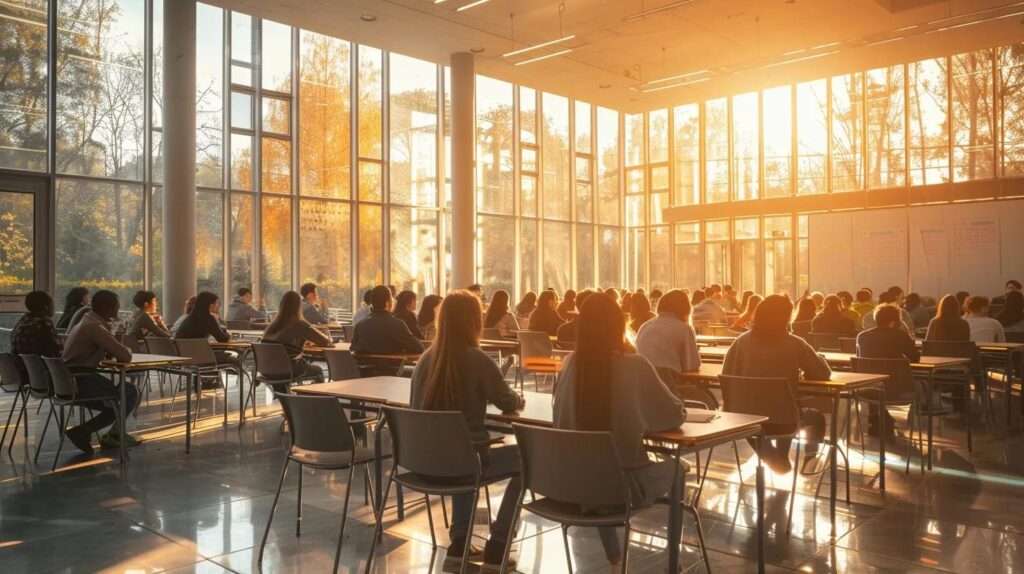 a dynamic, modern classroom setting featuring engaged learners immersed in an interactive online iso 42001 training session, illuminated by warm, natural light streaming through large windows.