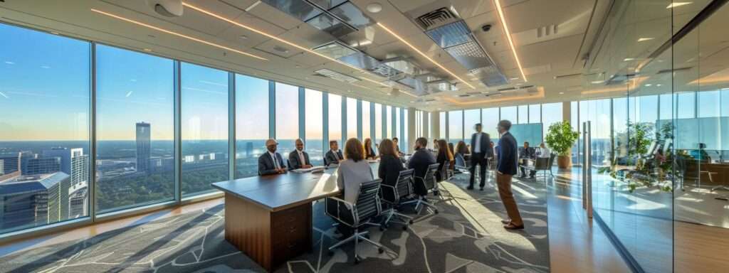 a dynamic office environment featuring diverse professionals engaged in a collaborative meeting, illuminated by bright natural light, illustrating the transformative impact of iso 9001 certification on quality management and customer satisfaction.