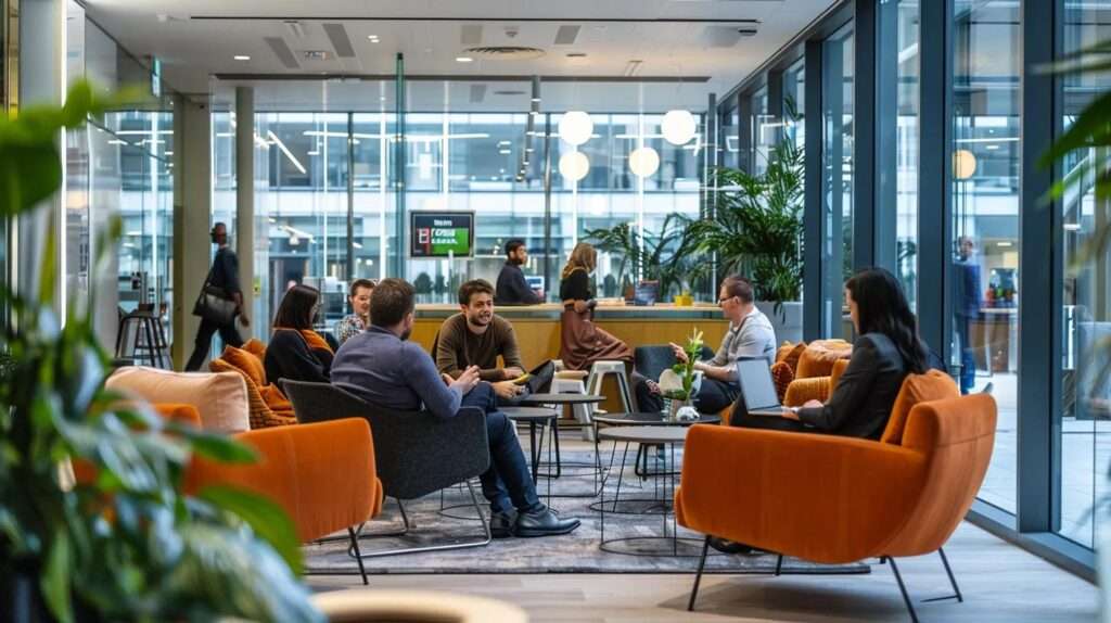 a dynamic office environment showcases a diverse group of professionals engaged in a collaborative discussion, with a prominent iso 27001 certification visible in the background, symbolising the transformative power of successful business practices.