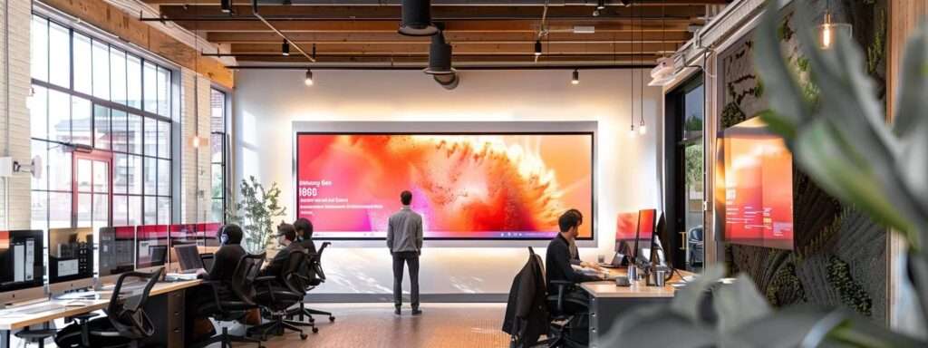 a dynamic workspace brimming with engaged team members collaborating around a large digital display showcasing their iso 9001 success story, illuminated by warm, inviting lighting that emphasizes a culture of quality and continuous improvement.