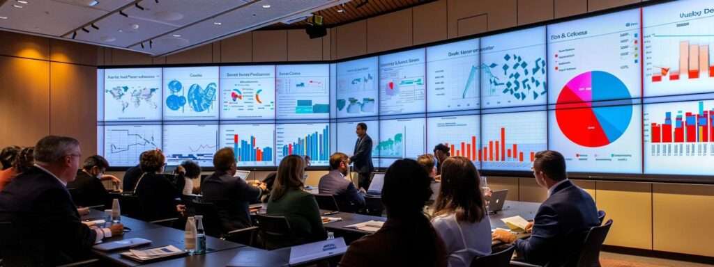 a focused and engaged group of diverse professionals in a modern training room, actively participating in a workshop on quality management principles, with vibrant charts and visual aids illuminating their collaborative discussion.