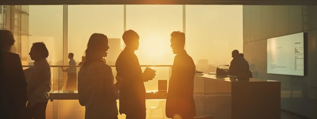 a focused business meeting scene under soft, natural light highlights a diverse group of engaged professionals discussing strategies to overcome obstacles in the iso 9001 certification process, with a large document displaying the standards in the background.