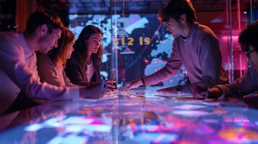 a focused image of a dedicated team engaged in a lively brainstorming session around a conference table, surrounded by vibrant charts and documents symbolising the implementation of iso 27001, under soft, natural lighting that enhances their collaboration and determination.