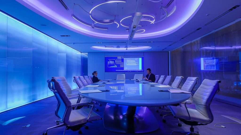 a futuristic boardroom bathed in soft blue light features engaged professionals discussing the evolution of iso 42001 standards, with a digital screen displaying evolving diagrams and ai compliance strategies as the focal point.