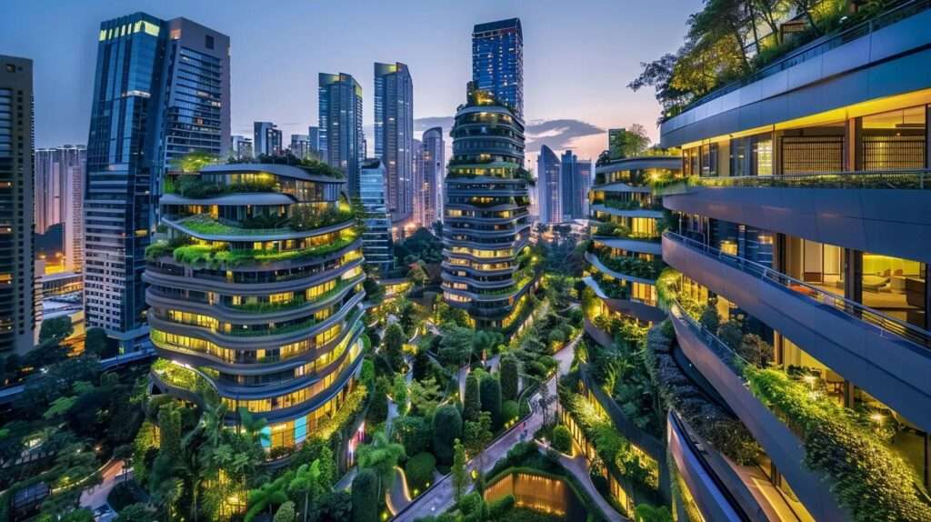 a futuristic cityscape bathed in soft twilight, featuring sleek, sustainable skyscrapers and lush green spaces, symbolising the harmonious integration of technology and ecology in the era of iso 42001.