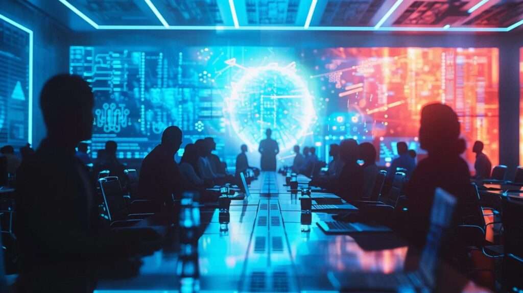 a futuristic conference room filled with diverse professionals engaged in vibrant discussions, surrounded by digital displays of evolving ai standards and ethical frameworks, radiating an atmosphere of collaboration and innovation.