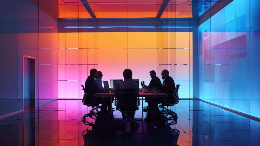 a futuristic corporate meeting room vibrantly illuminated by ambient light showcases a diverse group of professionals engaged in a dynamic discussion about the transformative impact of ai on iso 42001 standards, symbolising innovation and collaboration.