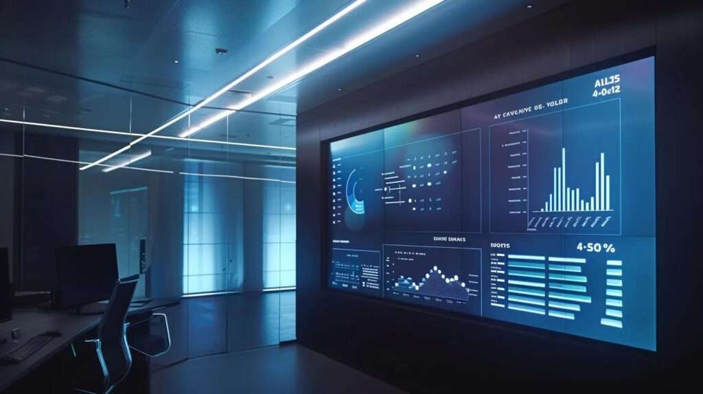 a futuristic office space illuminated by soft, ambient lighting showcases a large digital screen displaying dynamic infographics and charts related to iso 42001, symbolising the evolution of sustainable standards in a modern corporate environment.