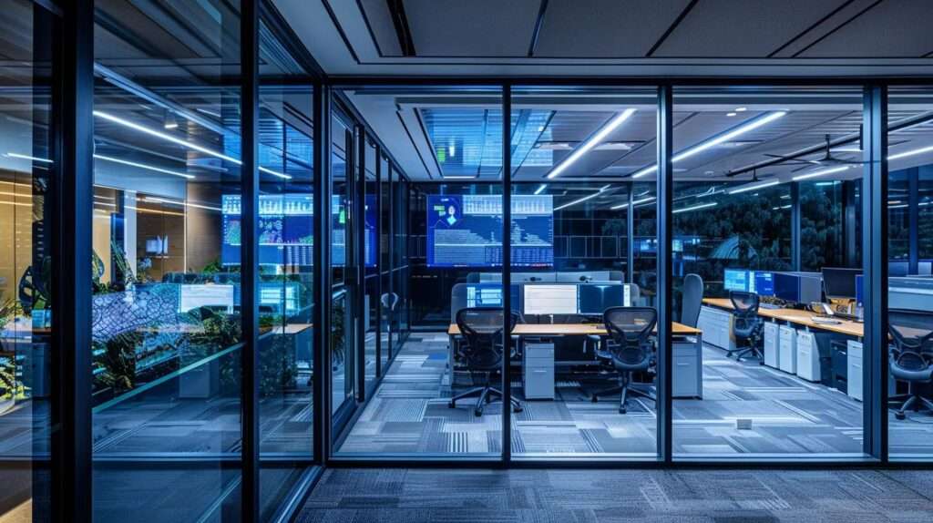 a juxtaposition of two secure, modern offices, each filled with advanced technology and vibrant displays, symbolising the synergy in risk management and continuous improvement strategies championed by iso 27001 and nist standards.