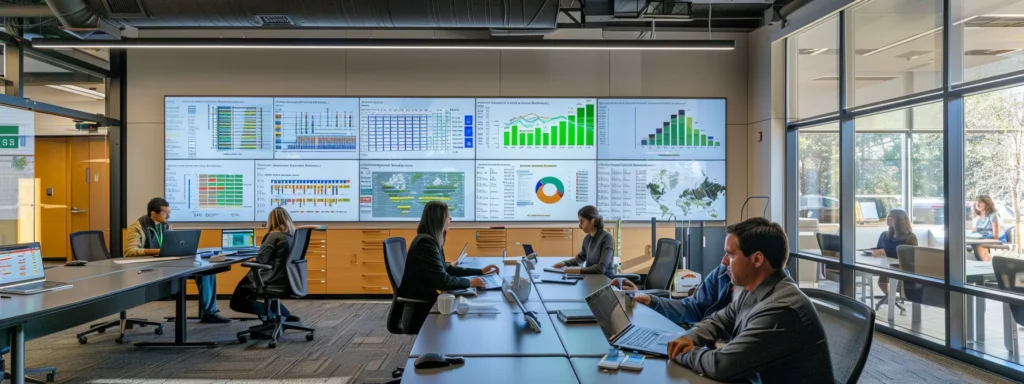 a luminous office setting showcases a diverse team engaged in a focused discussion around a modern conference table, with visual aids highlighting compliance charts and iso 9001 standards, symbolizing the critical assessment and continuous improvement in internal audit processes.