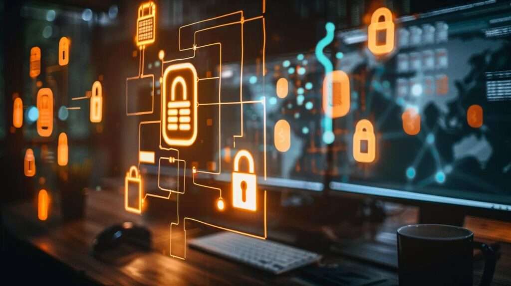 a modern office workspace is illuminated by soft, diffused light, showcasing a sleek computer setup surrounded by symbols of data security, emphasising the critical importance of iso 27001 and nist standards in safeguarding digital information.