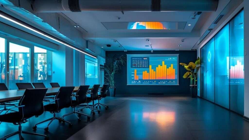 a modern, sleek conference room illuminated by soft natural light showcases a large screen displaying a vibrant infographic on iso 42001 compliance strategies, symbolising future challenges and innovations in a corporate environment.