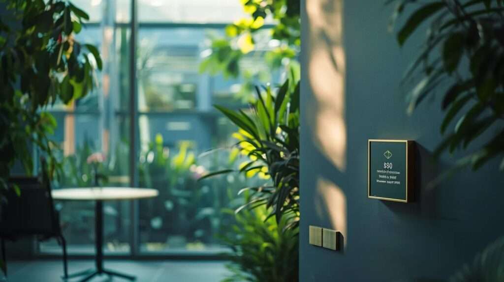 a sleek, modern office environment bathed in natural light, showcasing a prominently displayed iso 27001 certification plaque on the wall, symbolising the commitment to robust information security and risk management.