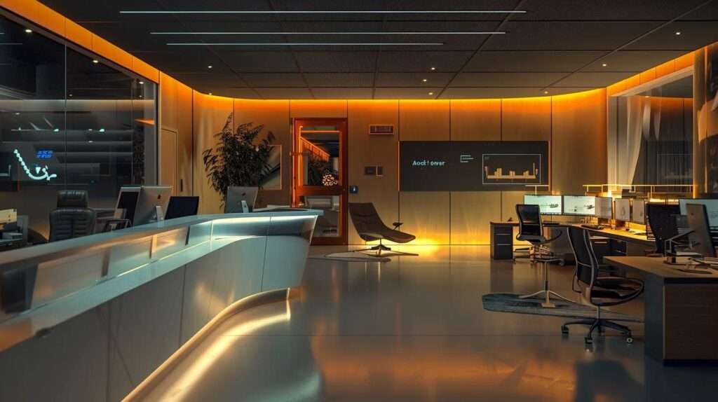 a sleek, modern office environment illuminated by soft, diffused lighting, showcasing a high-tech computer station surrounded by visual representations of cybersecurity protocols and iso 42001 certification elements, conveying a sense of operational efficiency and information security.