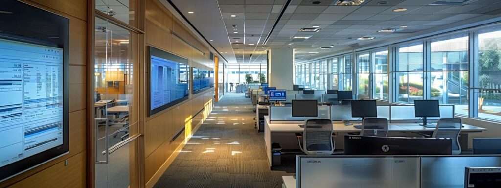 a sleek, modern office filled with high-tech quality management software interfaces, showcasing data analysis dashboards and charts that symbolize enhanced efficiency and continuous improvement in iso 9001 processes, illuminated by soft, natural lighting.