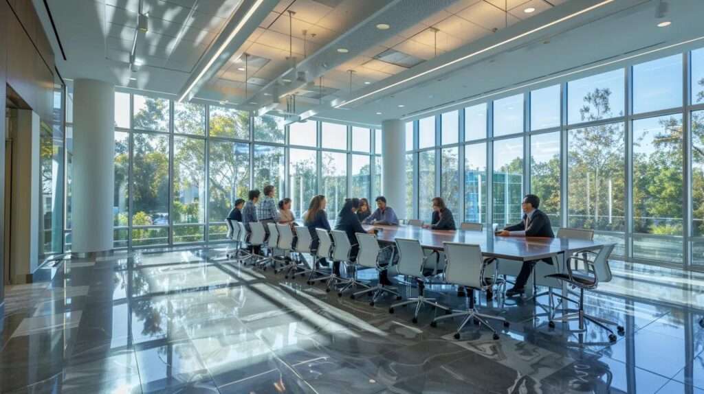 a sleek, modern office with an emphasis on professionalism, featuring a large conference table surrounded by focused individuals engaged in a collaborative internal auditing session, highlighted by soft, natural lighting filtering through floor-to-ceiling windows.