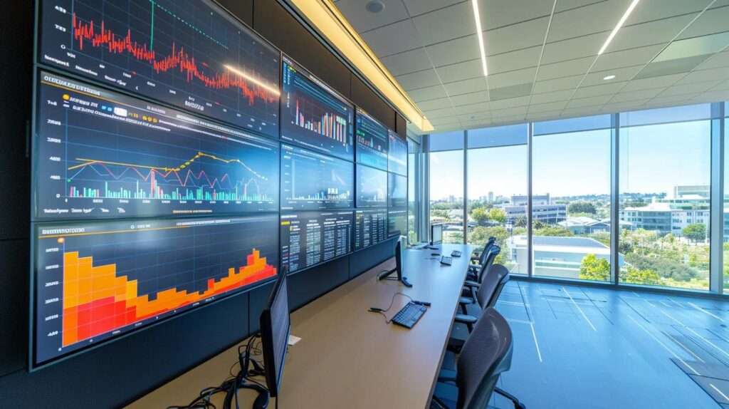 a sleek, modern office workspace featuring a large digital screen displaying vibrant compliance metrics and automated document management software, bathed in soft, natural light filtering through floor-to-ceiling windows.