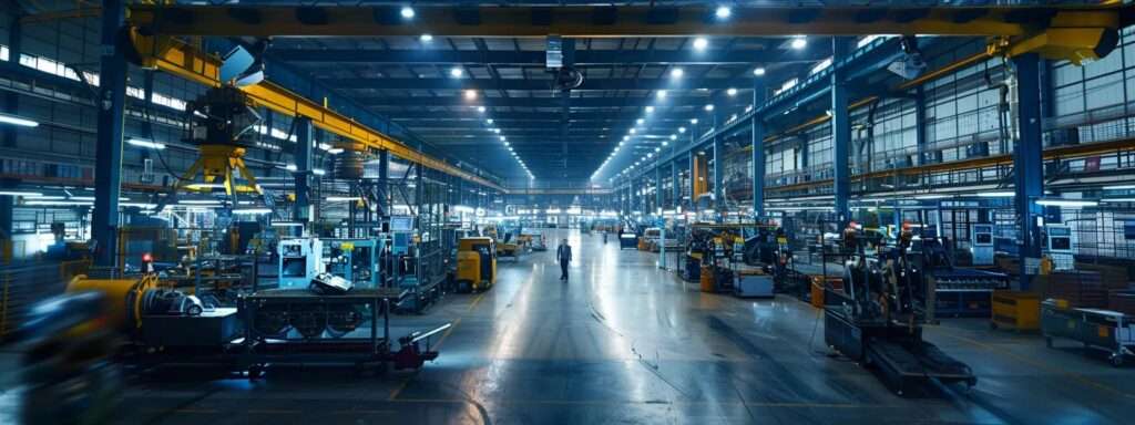 a stark image captures a dimly lit factory floor, showcasing disarray and halted machinery amidst a backdrop of dejected employees, symbolizing the detrimental effects of non-compliance with iso 9001 standards on productivity and product quality.