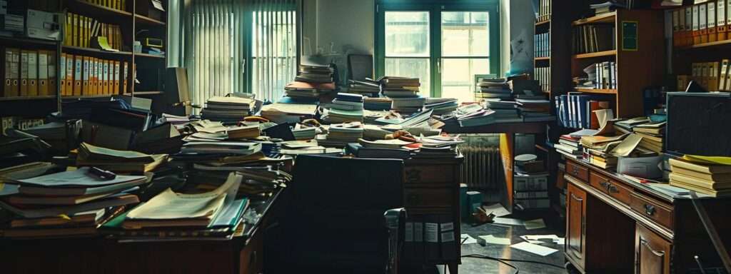 a stark office environment bathed in dramatic lighting reveals cluttered desks and overflowing files, symbolizing the hidden costs and chaos organizations face when ignoring iso 9001 standards.