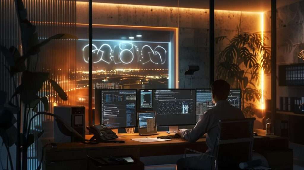 a striking illustration of a professional workspace, featuring a sleek desk with compliance documents, a glowing computer screen displaying the iso 42001 logo, and a focused individual deep in thought, all illuminated by soft, ambient lighting that creates a productive atmosphere.