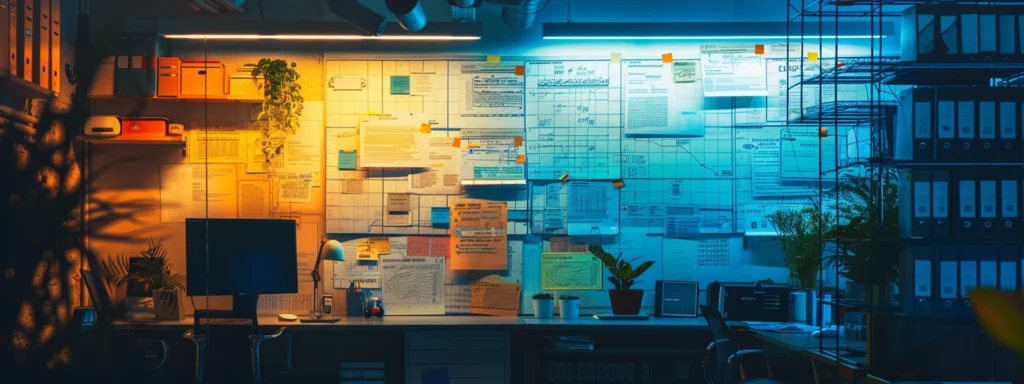 a vibrant and organized workspace showcases a large, detailed process map pinned on a wall, illuminated by natural light, symbolizing clarity and efficiency in developing standard operating procedures for iso 9001 certification.