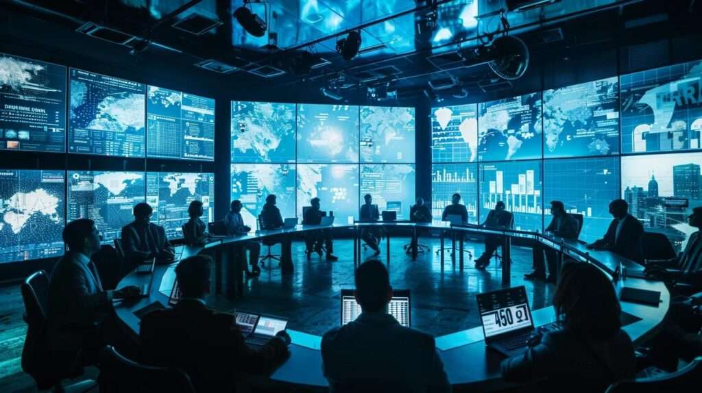 a vibrant conference room filled with professionals actively engaging in discussions, surrounded by digital screens displaying the iso 42001 framework, symbolising a collaborative effort towards responsible ai development and compliance.