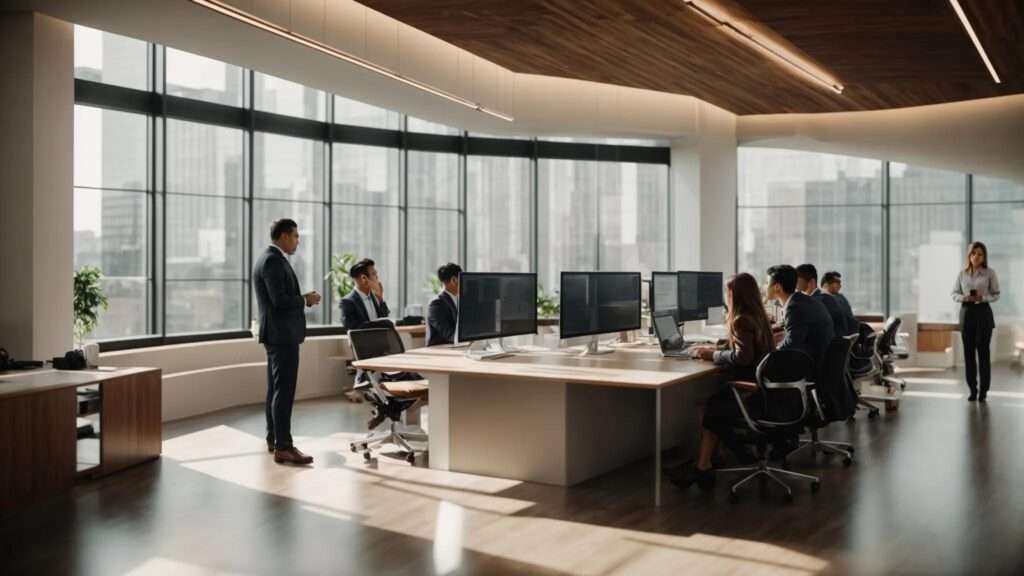 a modern, elegantly designed office space bathed in warm natural light, showcasing a diverse group of professionals engaged in a collaborative discussion around compliance strategies, with charts and compliance frameworks prominently displayed on the walls.