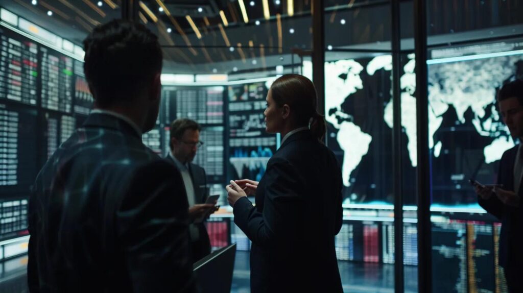 a high-tech office environment features professionals in tailored attire engaged in a dynamic discussion around a digital display illustrating a 33% reduction in supplier security breaches, showcasing the transformative impact of iso 27001 certification on corporate supplier security.