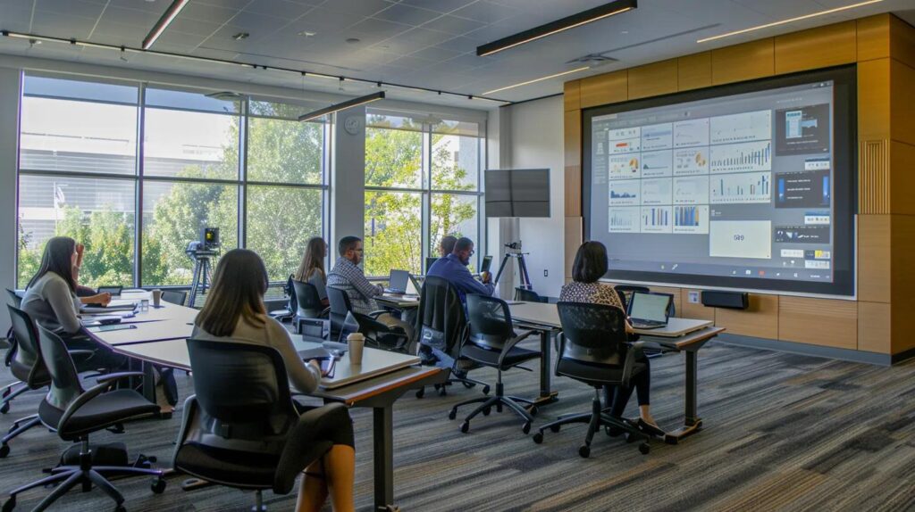 a modern office conference room features a prominent digital presentation screen displaying key performance indicators, with engaged professionals discussing supplier security strategies aligned with iso 27001 standards in the backdrop of a sleek, industrial design.