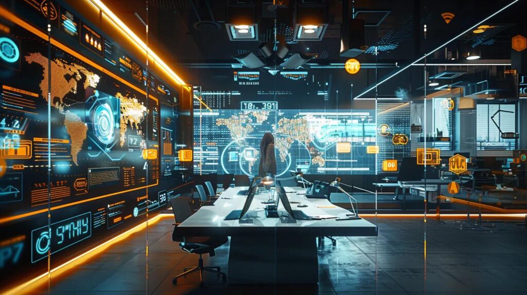 a modern office environment bustling with professionals collaborating around a sleek conference table, surrounded by digital dashboards displaying real-time supply chain metrics and security performance indicators, reflecting an integrated approach to embedding iso 27001 in supplier operations.