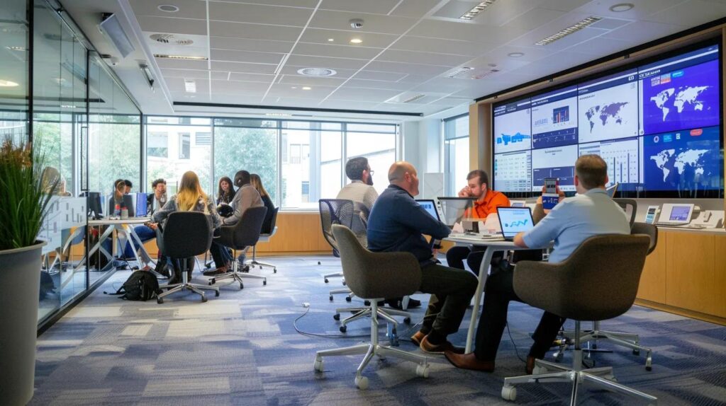 a modern office environment showcases a diverse team engaged in a strategic meeting, with digital screens displaying flowcharts and graphs that illustrate supplier security management processes, emphasising collaboration and compliance within the industrial supply chain in the uk.