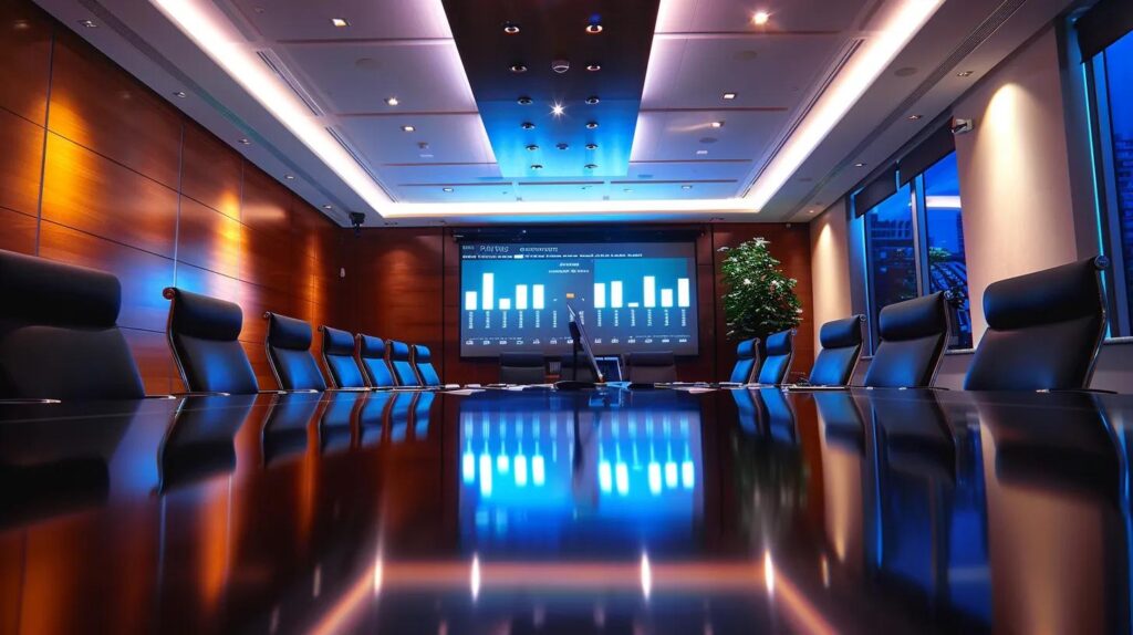 a modern office meeting room illuminated by sleek overhead lights showcases a large screen displaying detailed graphs and metrics on iso 27001 supplier security, with diverse professionals engaged in strategic discussions around a polished conference table.