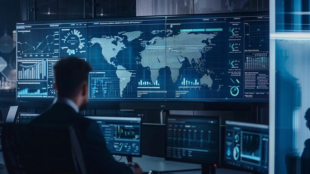 a modern office setting featuring a sleek dashboard displaying key performance indicators and metrics on a large screen, with professionals engaged in a collaborative discussion around a conference table, emphasising the focus on enhancing supplier security under iso 27001.