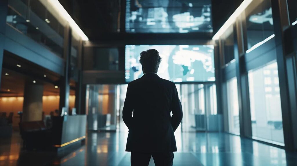 a modern office setting showcases a focused business professional presenting a comprehensive strategy on a digital screen, illustrating how iso 27001 elevates supplier security management amidst sleek, industrial decor and high-tech equipment.