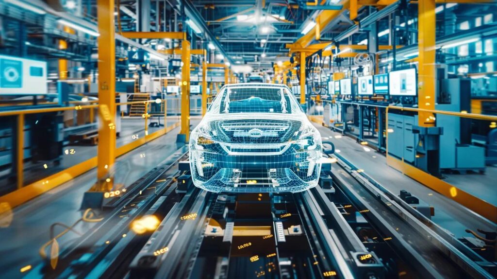 a sleek, modern automotive manufacturing facility showcases a state-of-the-art control room with digital screens displaying detailed security metrics and supply chain data, highlighting the implementation of iso 27001 for enhanced protection against intellectual property theft and counterfeit components.
