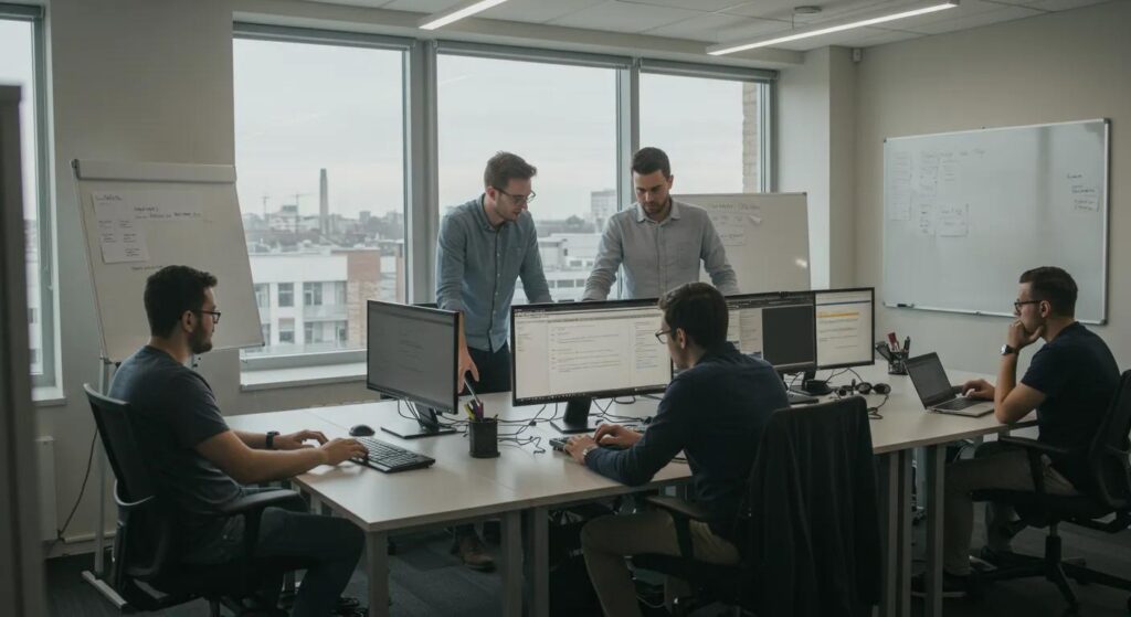 a modern office environment showcases diverse professionals engaging in collaborative training sessions on data security practices, illuminated by warm, natural light streaming through large windows, emphasising a culture of continuous improvement across various sectors.