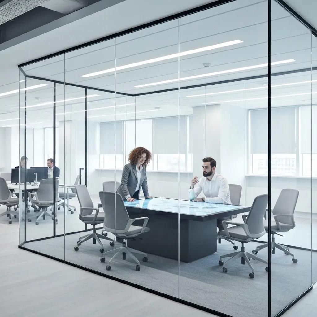 Modern office meeting room with professionals discussing quality management systems, glass walls, and collaborative workspace.