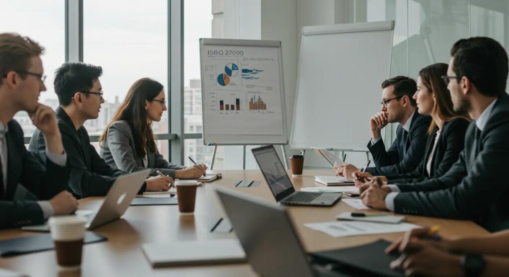 Business meeting discussing ISO 27090 compliance, featuring professionals reviewing charts and graphs on a presentation board, emphasizing information security management and documentation challenges.