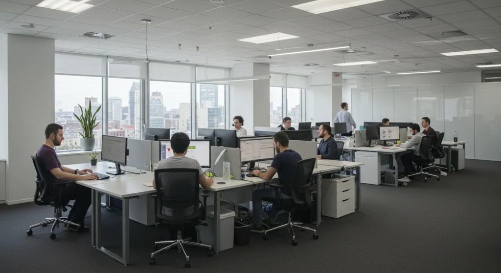 a dynamic and modern office environment, bustling with agile teams collaborating at sleek workstations, illuminated by bright natural light, symbolising the seamless integration and enhanced communication fostered by iso 42001.