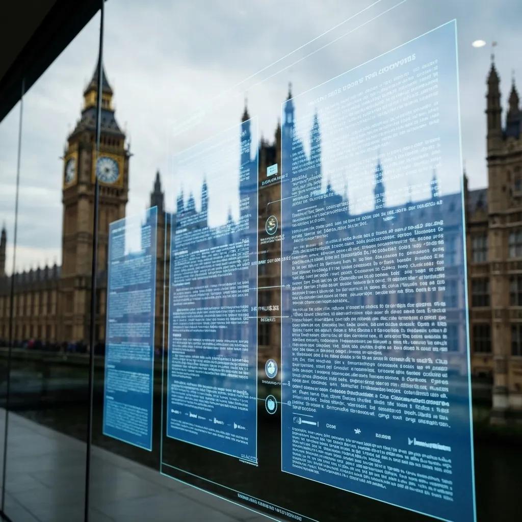 Digital display panel featuring environmental policy information with reflections of the iconic Big Ben and Houses of Parliament, emphasizing compliance with UK environmental laws and ISO standards.